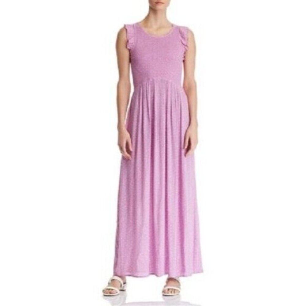 Aqua Pink Dress Smocked Polka Dot Sleeveless Maxi Dress Violet Purple SZ XS New